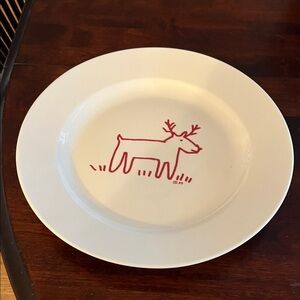 White Ceramic Dinner Plate with Red Reindeer